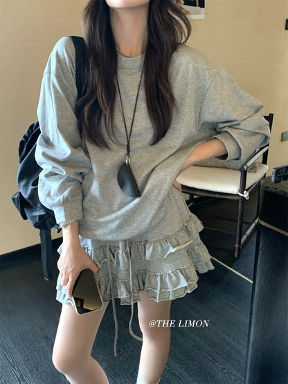 【L9161】實拍檸檬家慵懶少女長袖衞衣+蛋糕裙 2件套250901