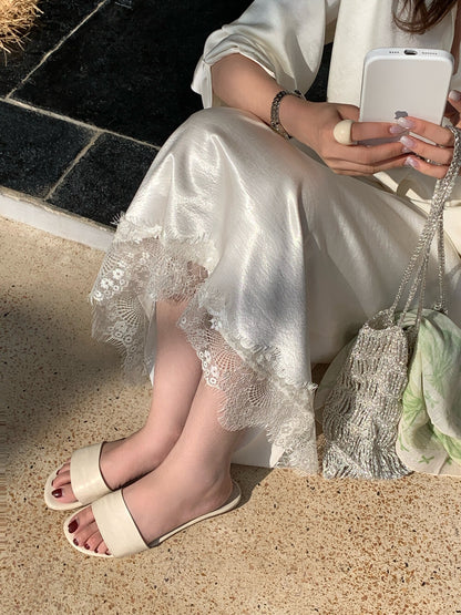 【LTM1602】實拍檸檬韓系知性千金風🤍氣質蕾絲拼接珠光緞面高腰休閒長裙260408