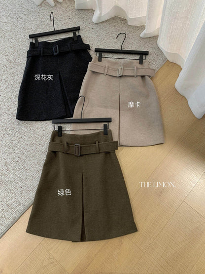 【LD11520】檸檬家復古老錢風・立裁毛呢A字裙（附腰帶）261020