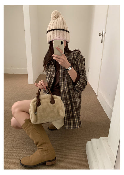 【H570】實拍復古寬鬆毛呢格子襯衫外套251021