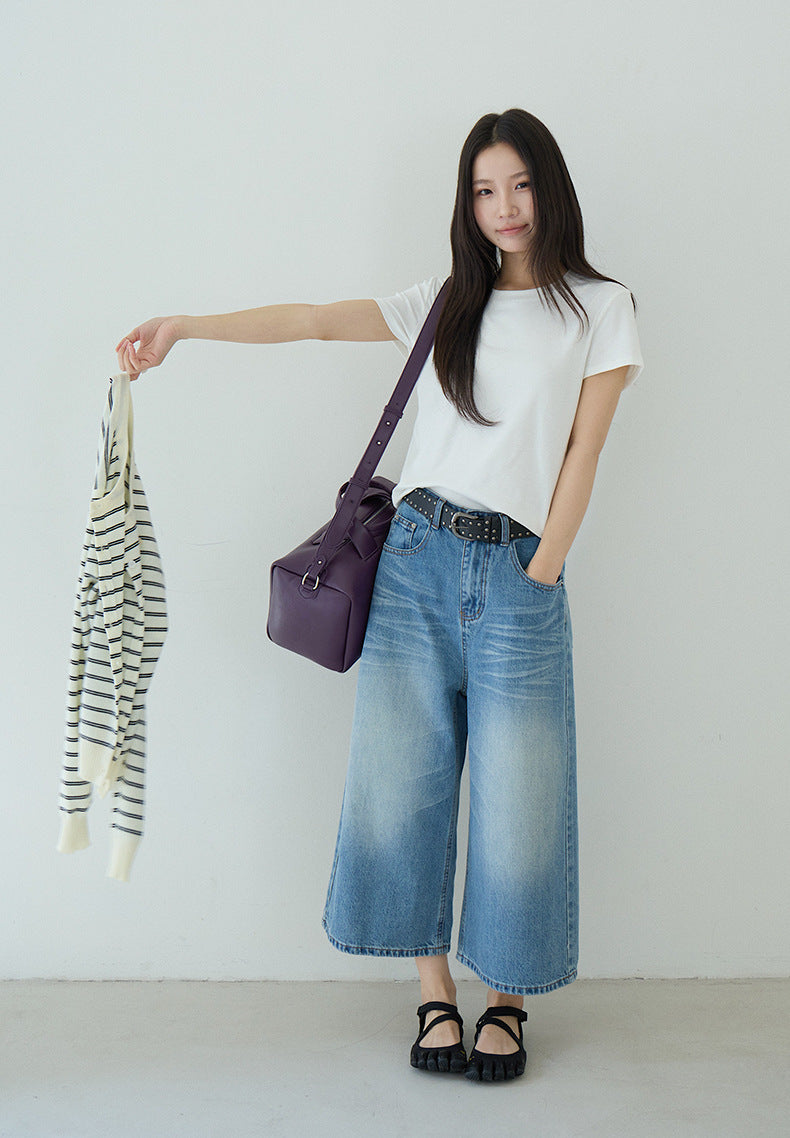 【LD11179】實拍S~XL美式復古時髦✨水洗藍刷破貓鬚寬鬆九分牛仔寬褲260317