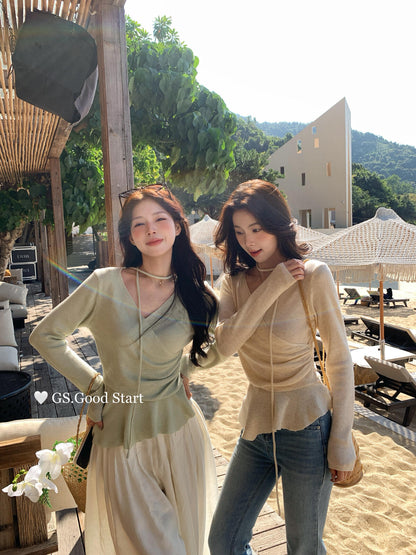 【LD1015】法式優雅氣質🌸浪漫荷葉邊V領長袖針織衫(附飄帶)260323