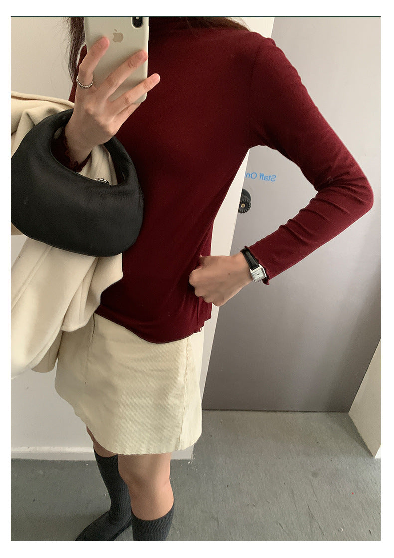 【H568】實拍基礎款木耳邊半高領純色打底衫251021