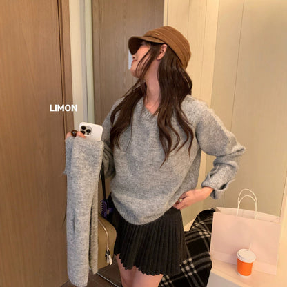 【LD8279】檸檬家韓系慵懶羊毛8%・寬鬆圓領設計感袖口毛衣（附圍巾）261020
