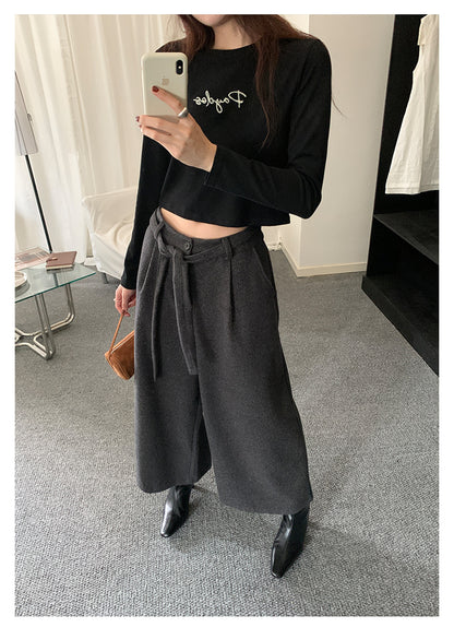 【H5491】實拍秋冬毛呢鬆緊腰加厚闊腿休閒褲251109