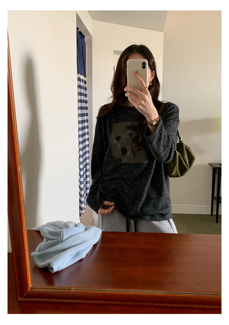 【H5499】實拍 復古磨毛狗狗印花長袖T恤251118