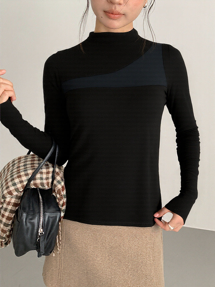 【LD11024】實拍氣質網紗拼接加絨半高領長袖T恤251124