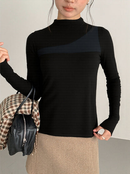 【LD11024】實拍氣質網紗拼接加絨半高領長袖T恤251124