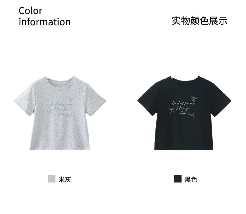 【H5161】實拍夏天甜美優雅蝴蝶結珍珠印花t恤250407
