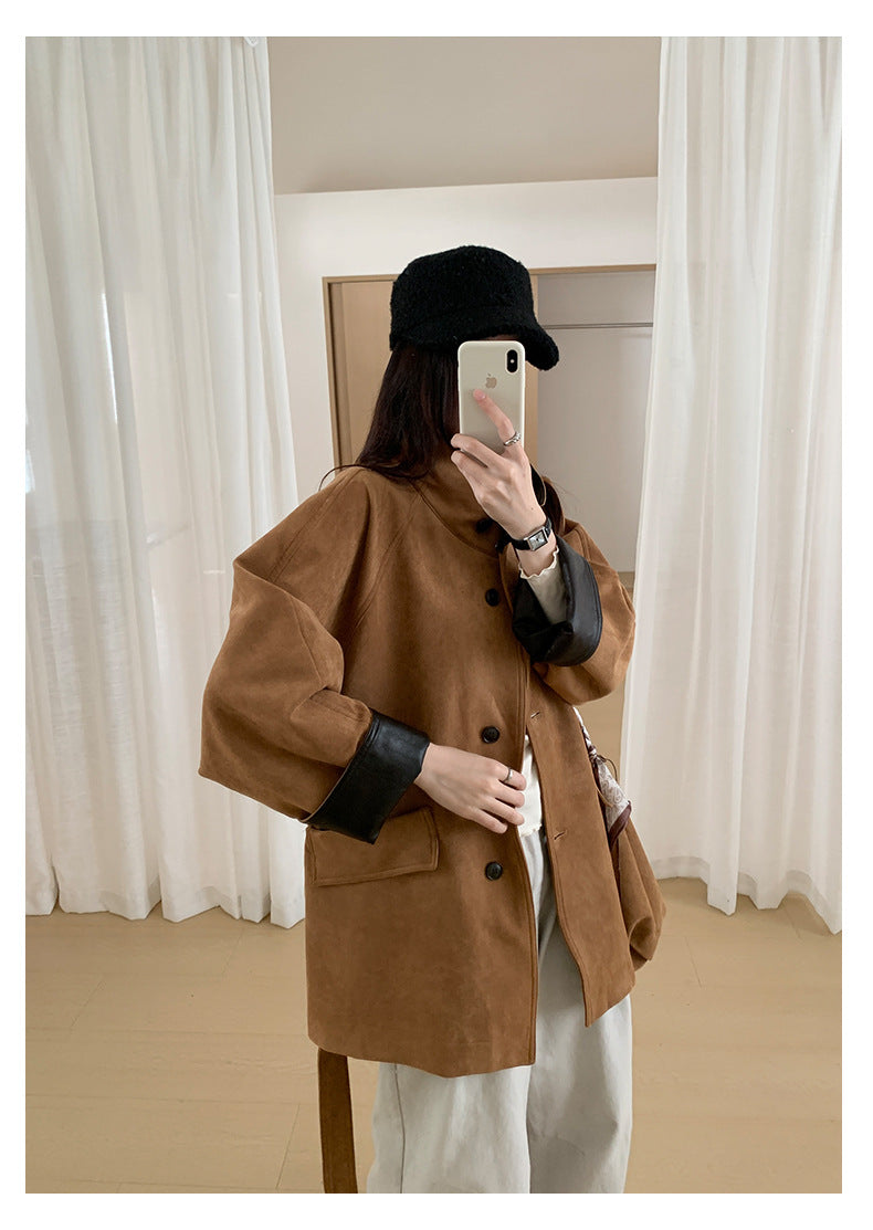 【H569】實拍復古個性皮革拼麂皮絨大衣外套＋麂皮肩背包251021