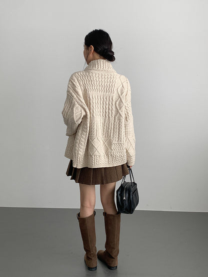 【LD3297】實拍復古立體厚實絞花大翻領毛衣外套251103