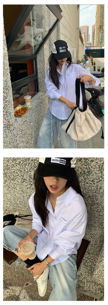 【H5191】實拍復古時髦的直條紋寬鬆長袖襯衫250415