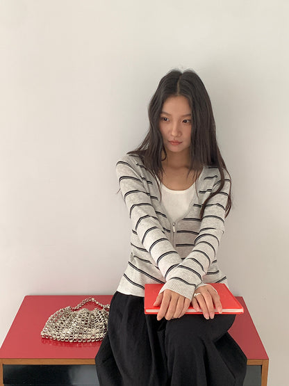 【L2771】實拍V領條紋假兩件雙開頭針織衫（6％美麗諾羊毛）250825