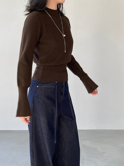 【cimz3012】實拍韓系氣質半高領喇叭袖收腰針織衫251201