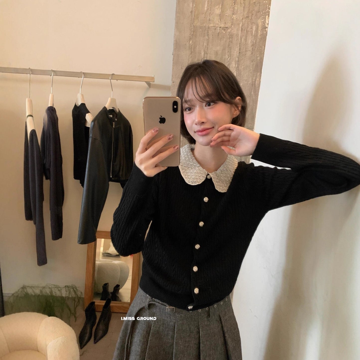 【LH01277】實拍IMISS秋冬法式絕美重工麻花珍珠領針織開襟外套（羊毛33%)251215