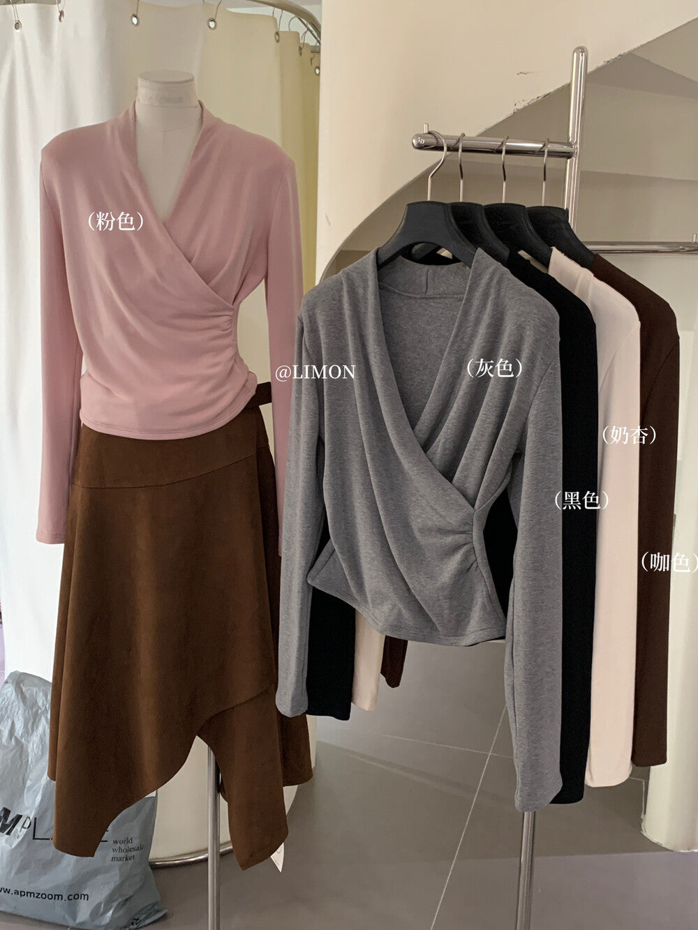 【L9312】檸檬法式簡約交叉羊絨薄绒V領長袖T恤251117