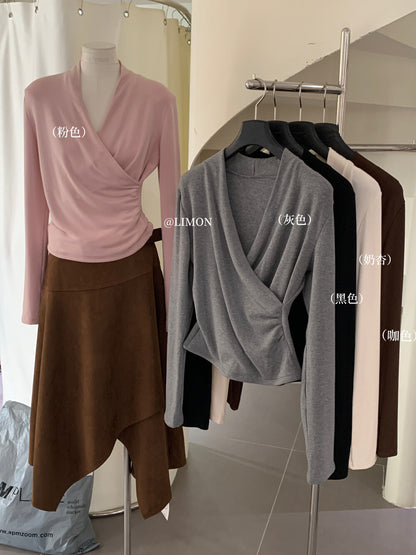 【L9312】檸檬法式簡約交叉羊絨薄绒V領長袖T恤251117