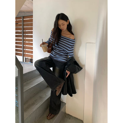 【H5399】實拍韓系簡約氣質一字領露肩針織衫250902