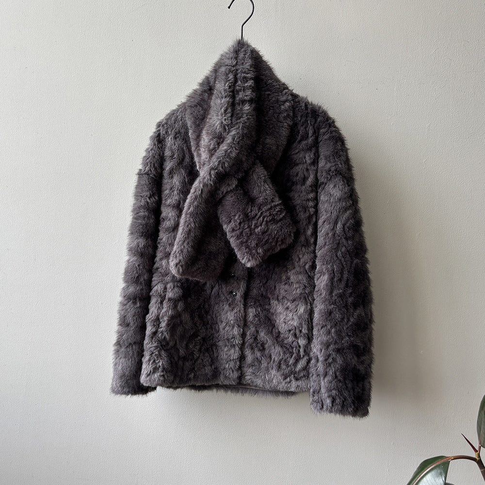 【YH707】實拍高質感毛茸茸仿皮毛保暖一体毛绒外套＋圍巾251113