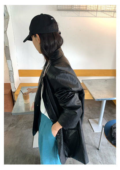 【H5398】實拍韓系高級感黑色皮衣西裝外套250902