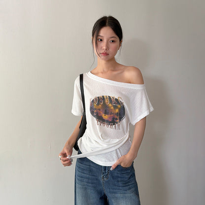 【LD11353】美式街頭微性感💋字母印花綁帶斜肩修身短袖T恤上衣260622