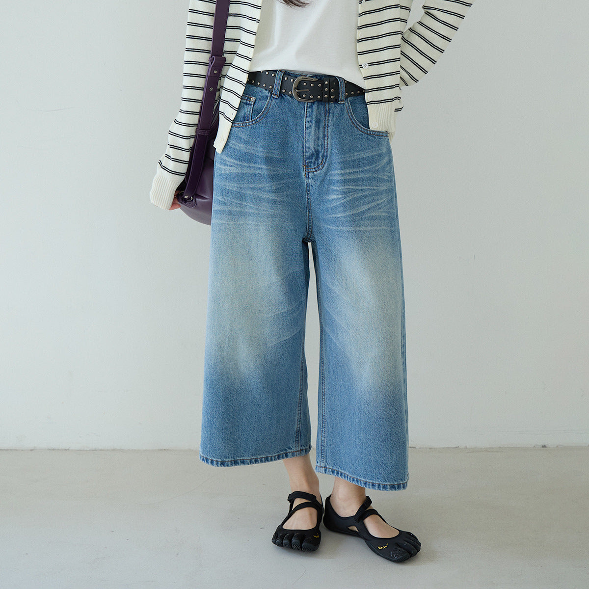 【LD11179】實拍S~XL美式復古時髦✨水洗藍刷破貓鬚寬鬆九分牛仔寬褲260317