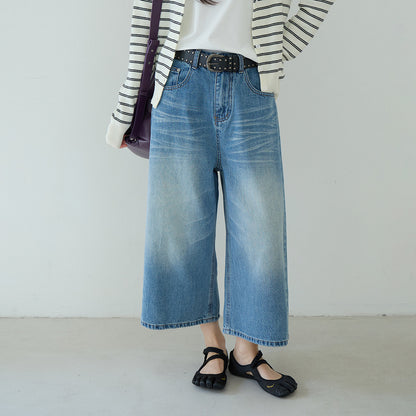 【LD11179】實拍S~XL美式復古時髦✨水洗藍刷破貓鬚寬鬆九分牛仔寬褲260317