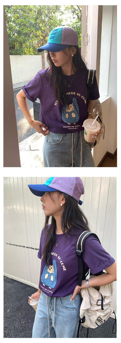 【H5165】實拍夏天帶一隻貓咪出門印花寬鬆短袖250407