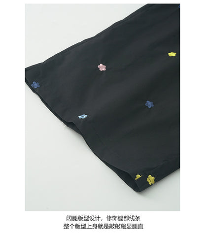 【H5335】實拍夏寬鬆刺繡小花直筒褲250624