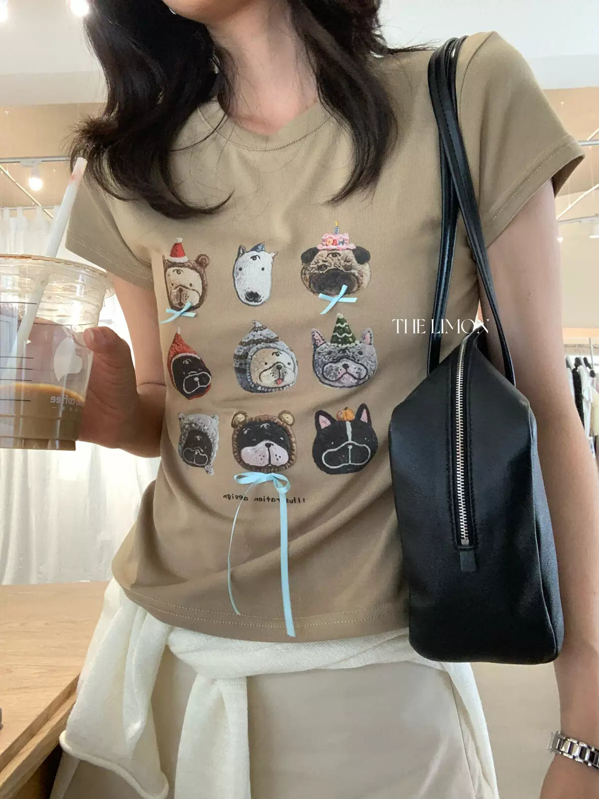 【L10373】實拍檸檬家可愛🐶蝴蝶結小狗印花修身正肩短袖T恤260330