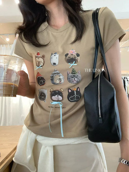 【L10373】實拍檸檬家可愛🐶蝴蝶結小狗印花修身正肩短袖T恤260330