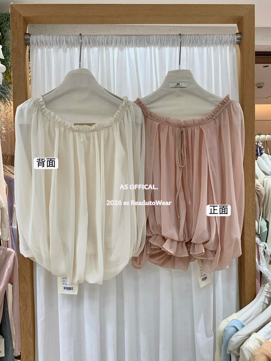 【L26366】實拍法式純慾溫柔風🕊️氣質百搭顯瘦一字領雪紡上衣260330