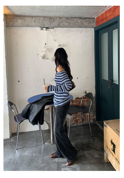 【H5399】實拍韓系簡約氣質一字領露肩針織衫250902