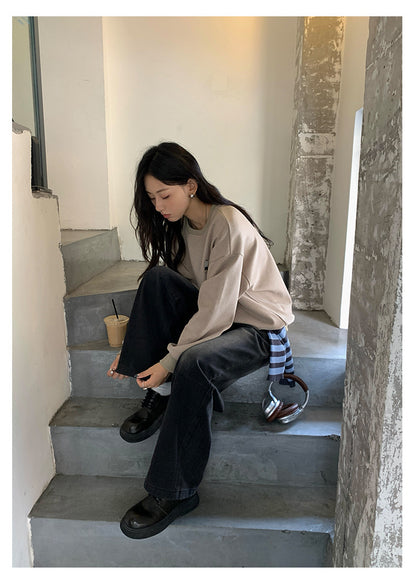 【H5402】實拍復古做舊洗水黑灰色廓形牛仔褲250902