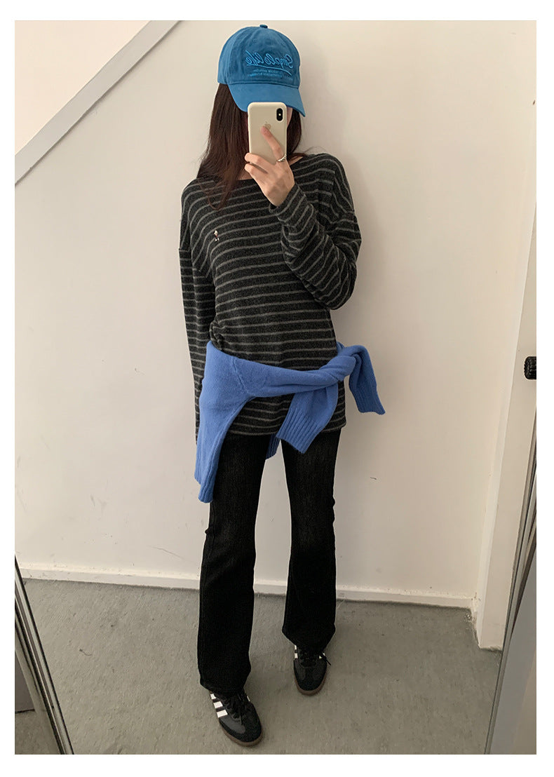 【H572】實拍復古磨毛刺繡條紋圓領T恤251021