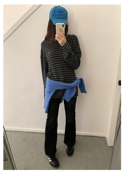 【H572】實拍復古磨毛刺繡條紋圓領T恤251021