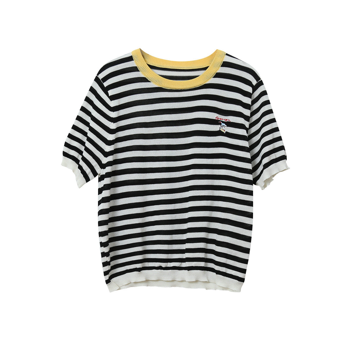 【LD11220】實拍休閒百搭經典款🐎小馬刺繡條紋寬鬆圓領短袖針織上衣260407