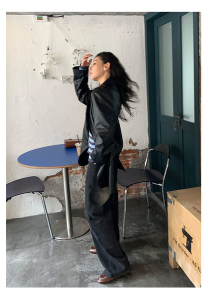 【H5402】實拍復古做舊洗水黑灰色廓形牛仔褲250902