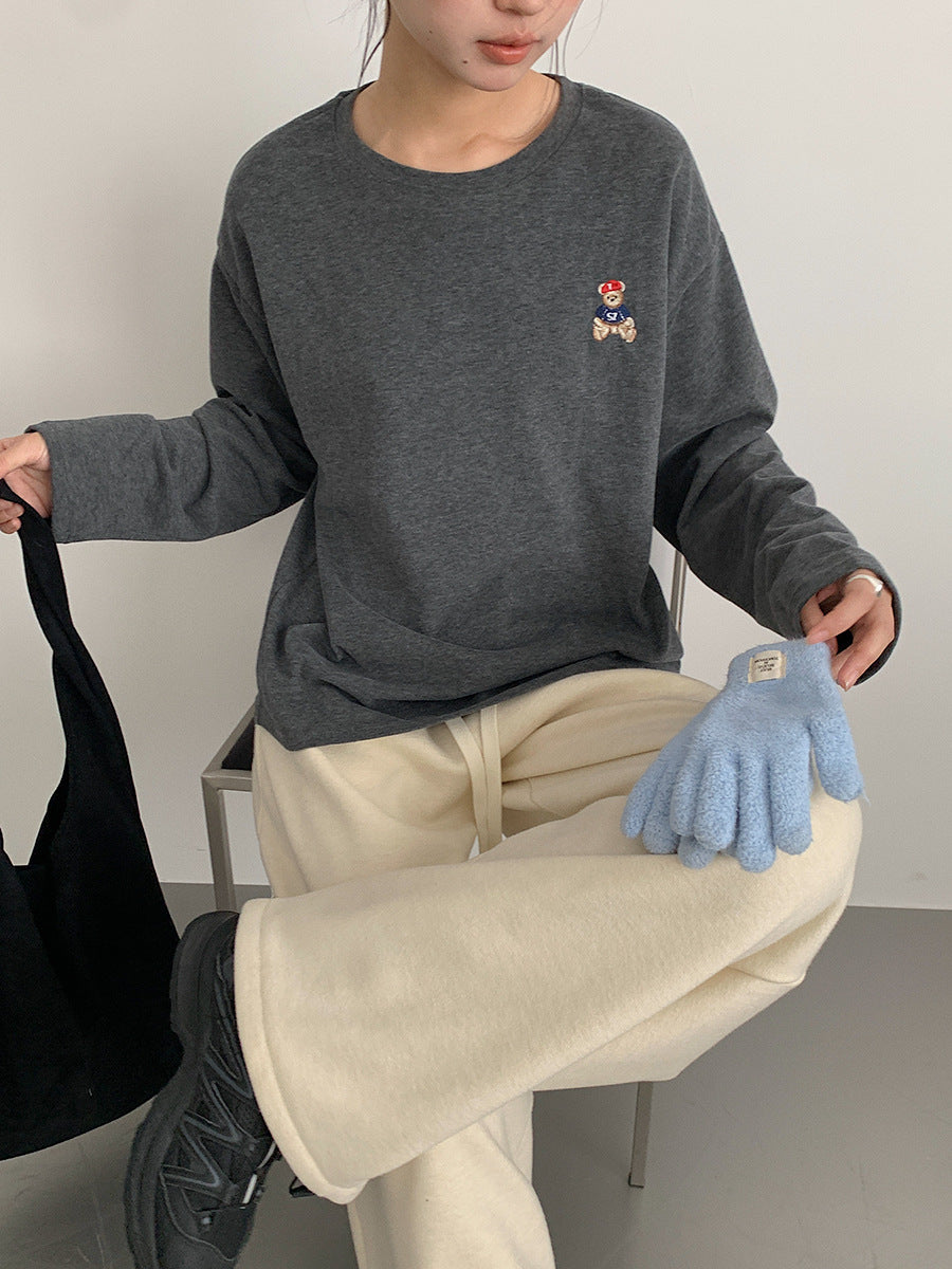 【LD11025】實拍舒適小熊刺繡寬鬆長袖T恤251124