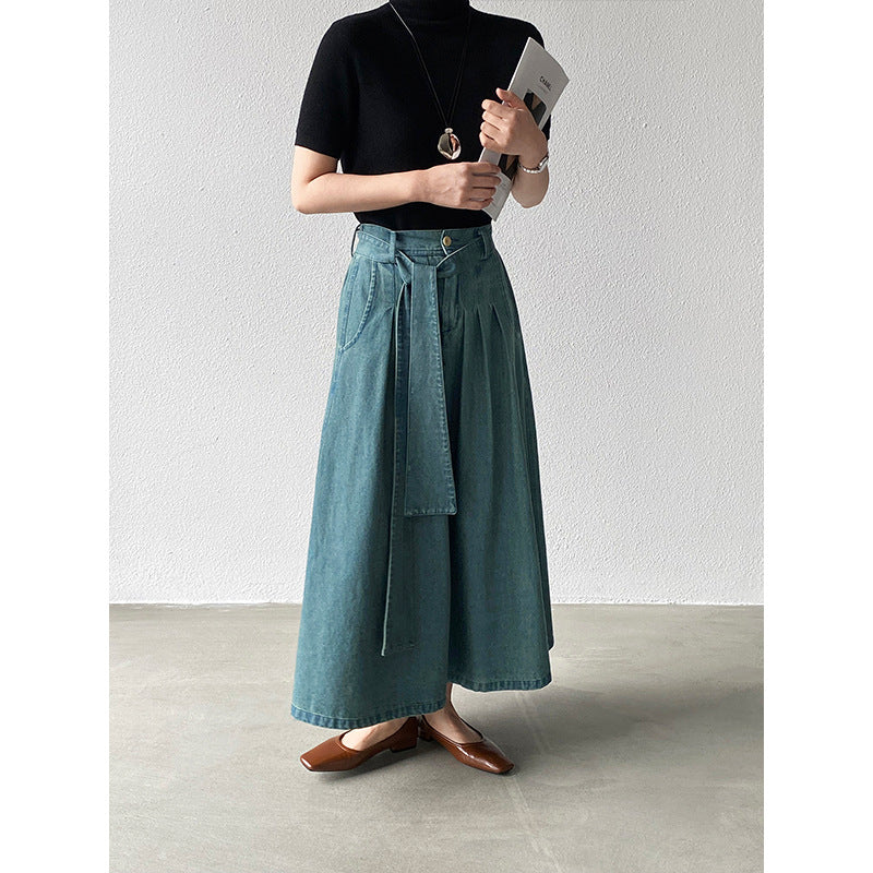 【cimz6517】實拍韓系簡約休閒風✨高腰顯瘦綁帶A字長版牛仔裙260409