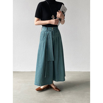 【cimz6517】實拍韓系簡約休閒風✨高腰顯瘦綁帶A字長版牛仔裙260409