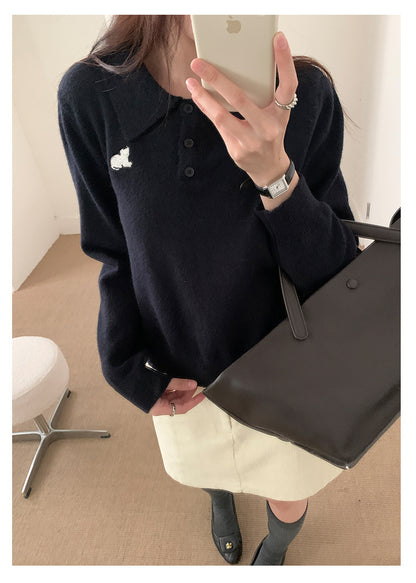 【H564】實拍貓咪刺繡Polo針織衫251021