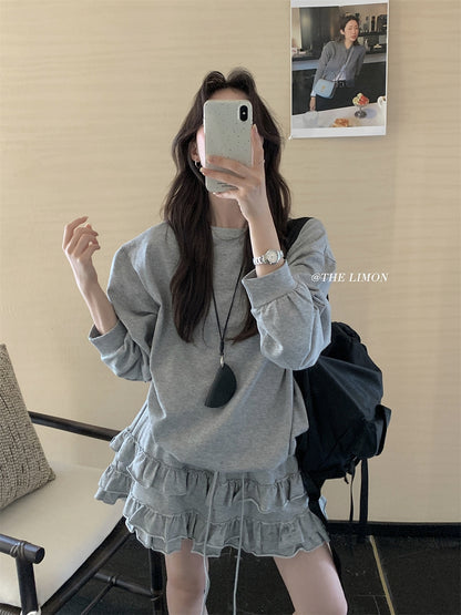 【L9161】實拍檸檬家慵懶少女長袖衞衣+蛋糕裙 2件套250901