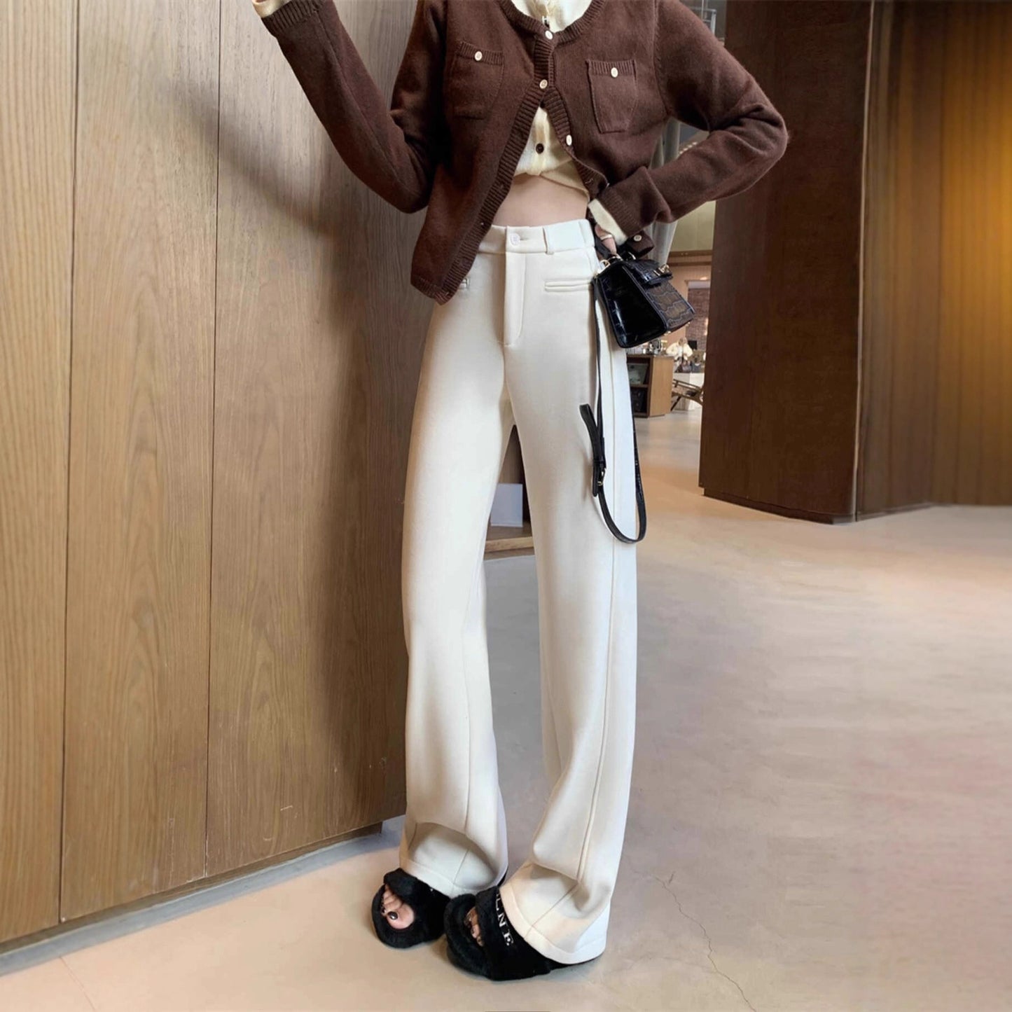 【LY9588】實拍Y.JIA 簡約毛呢加絨加厚微喇休閒褲251208