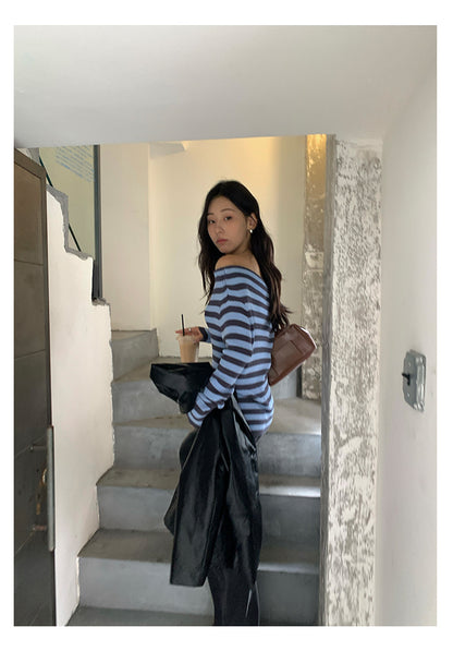 【H5399】實拍韓系簡約氣質一字領露肩針織衫250902