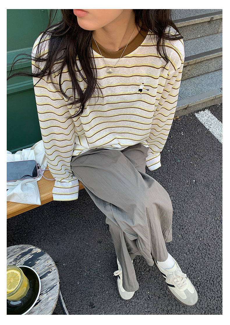 【H5386】實拍寬鬆薄款防曬圓領條紋長袖T恤250902