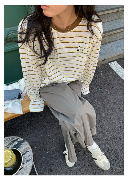 【H5386】實拍寬鬆薄款防曬圓領條紋長袖T恤250902