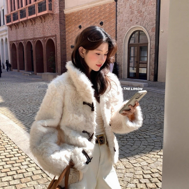 【L1230】實拍檸檬冬季加厚保暖立領牛角扣仿皮草外套251117