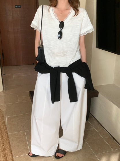 【L10236】韓系甜美仙氣🤍蕾絲拼接寬鬆顯瘦V領短袖T恤260428