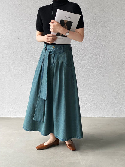 【cimz6517】實拍韓系簡約休閒風✨高腰顯瘦綁帶A字長版牛仔裙260409